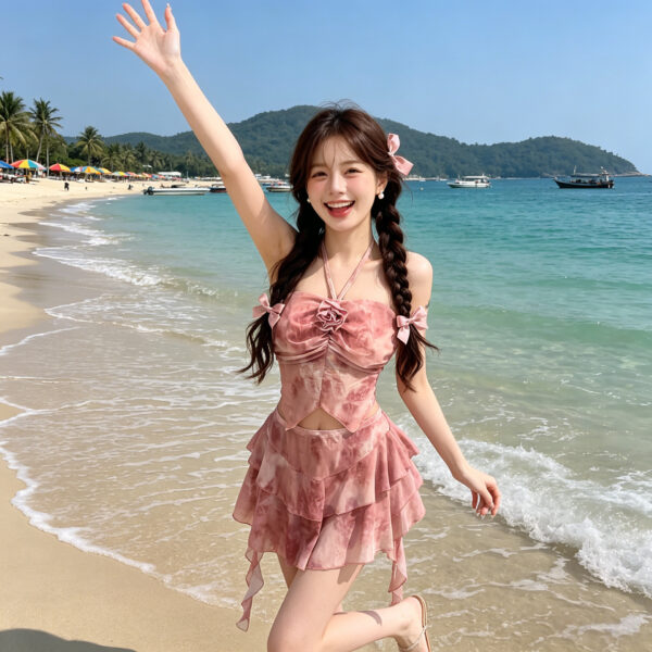 Gathered halter neckline floral split swimsuit