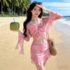 Pink Tie‑Dye Long Sleeve Ruffle Bikini Set Women Beachwear