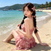 Gathered halter neckline floral split swimsuit
