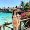 Long-sleeved and short-skirt split-body swimsuit for the beach