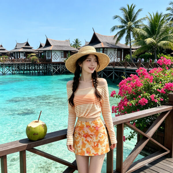 Long-sleeved and short-skirt split-body swimsuit for the beach