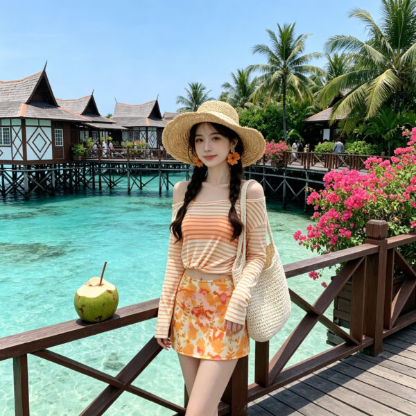 Long-sleeved and short-skirt split-body swimsuit for the beach