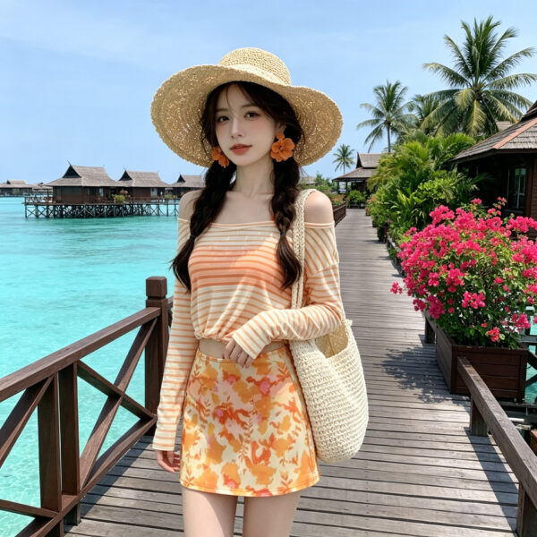 Long-sleeved and short-skirt split-body swimsuit for the beach