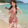 Gathered halter neckline floral split swimsuit