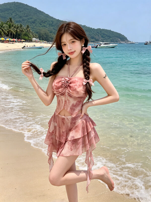 Gathered halter neckline floral split swimsuit