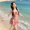 Gathered halter neckline floral split swimsuit