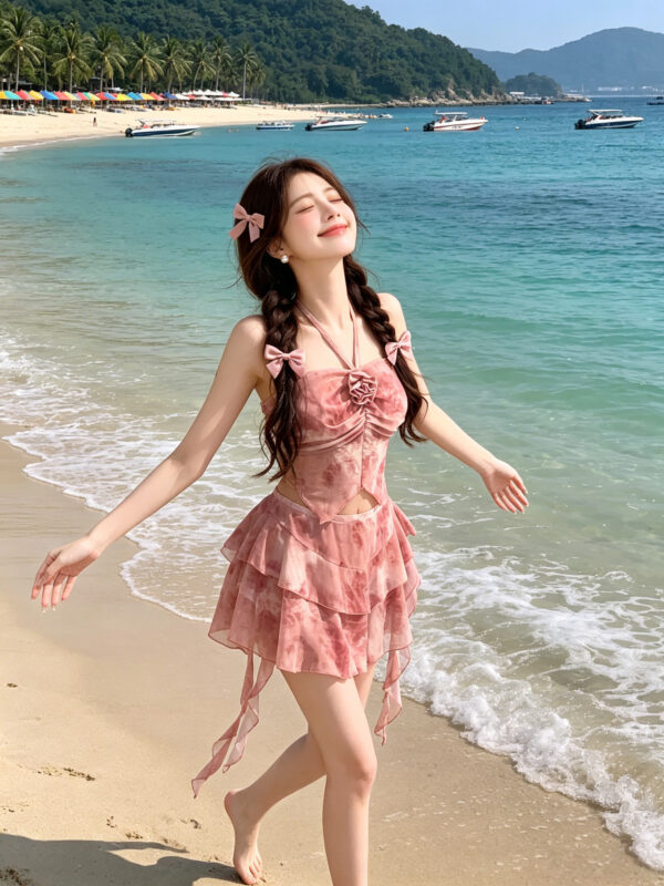 Gathered halter neckline floral split swimsuit