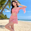 Pink Tie‑Dye Long Sleeve Ruffle Bikini Set Women Beachwear