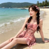 Gathered halter neckline floral split swimsuit