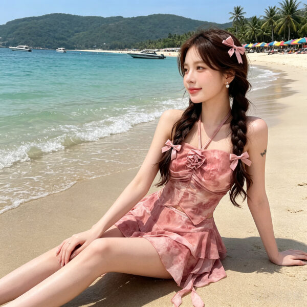 Gathered halter neckline floral split swimsuit