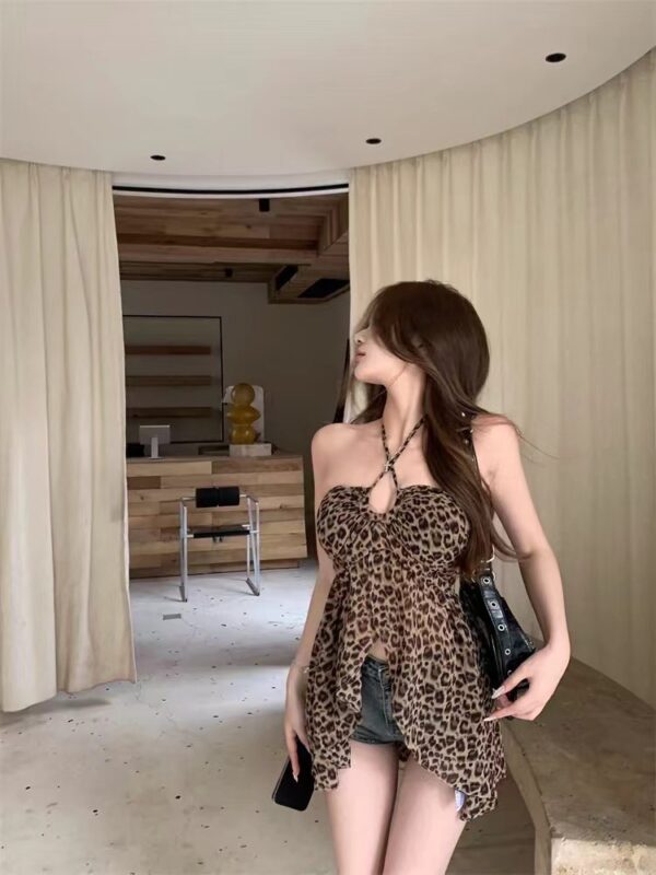 Leopard-print halter chiffon dress with straps