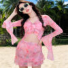 Pink Tie‑Dye Long Sleeve Ruffle Bikini Set Women Beachwear