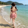 Gathered halter neckline floral split swimsuit