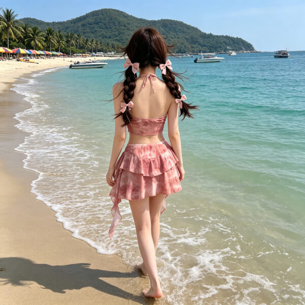 Gathered halter neckline floral split swimsuit