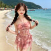 Gathered halter neckline floral split swimsuit