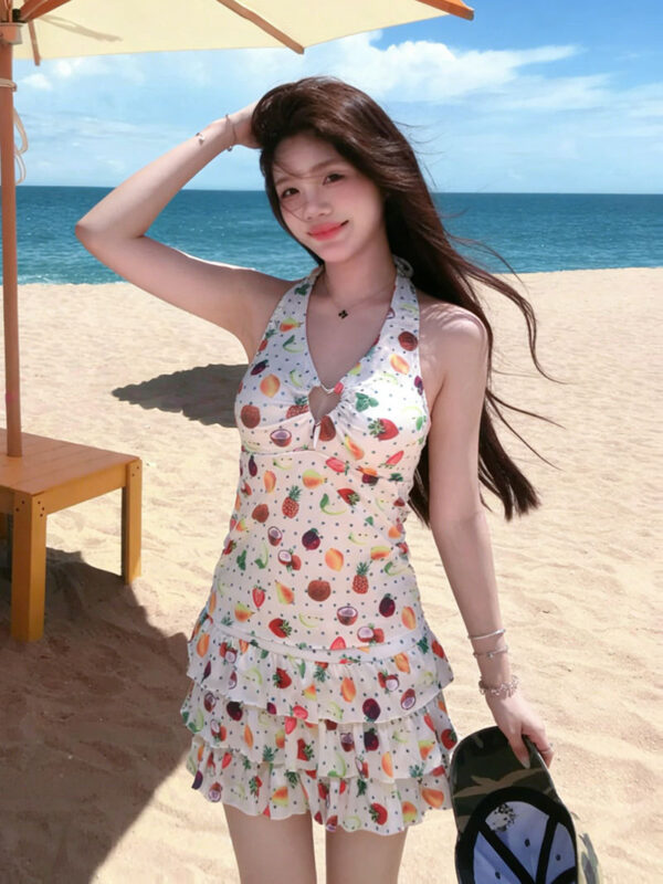Fruit print V-neck halter dress