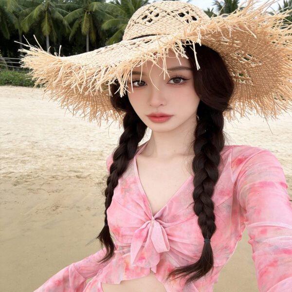 Pink Tie‑Dye Long Sleeve Ruffle Bikini Set Women Beachwear