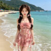 Gathered halter neckline floral split swimsuit