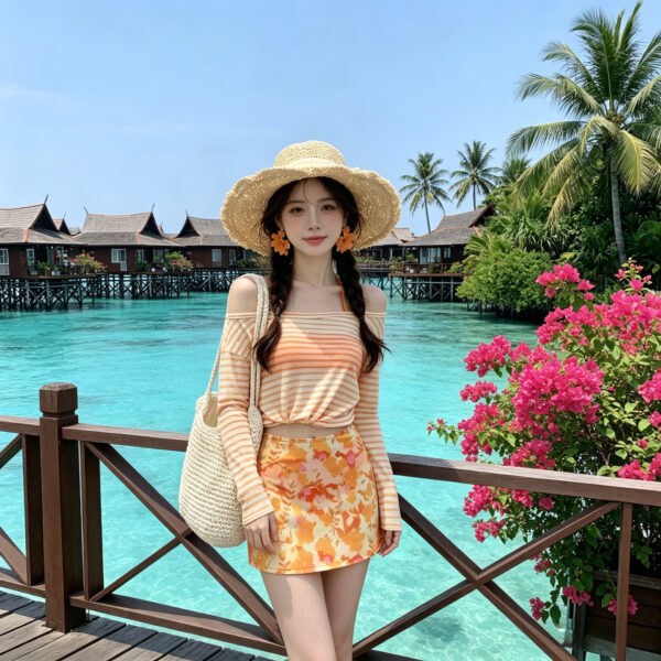 Long-sleeved and short-skirt split-body swimsuit for the beach