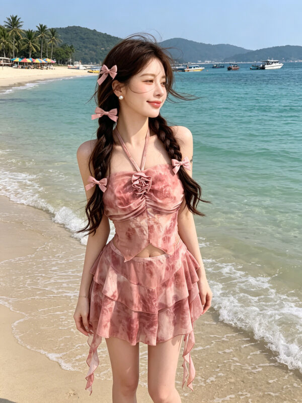 Gathered halter neckline floral split swimsuit