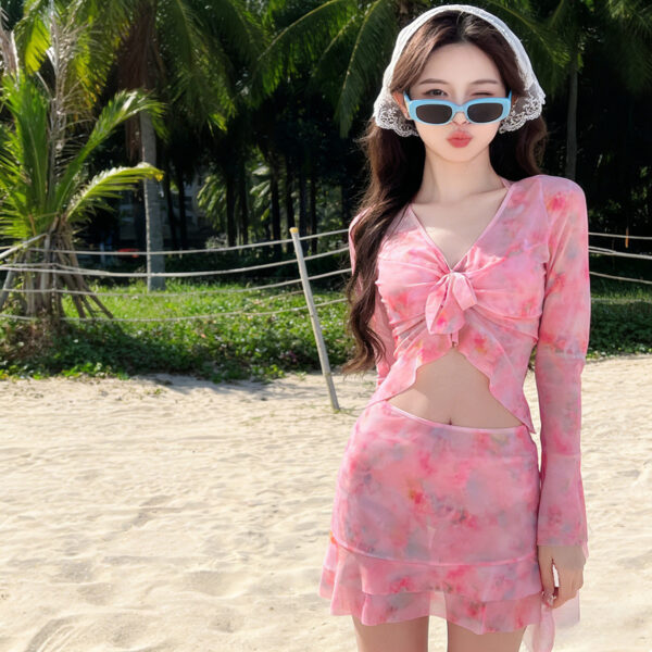 Pink Tie‑Dye Long Sleeve Ruffle Bikini Set Women Beachwear