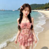 Gathered halter neckline floral split swimsuit