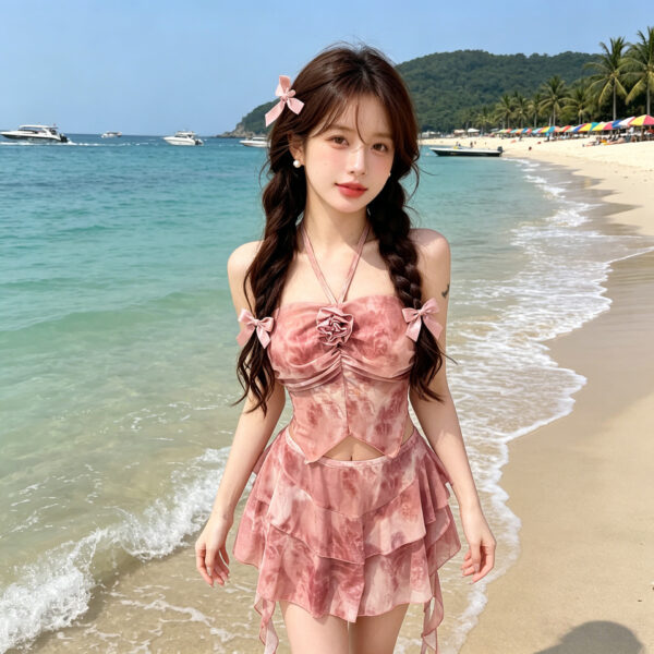 Gathered halter neckline floral split swimsuit