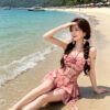 Gathered halter neckline floral split swimsuit