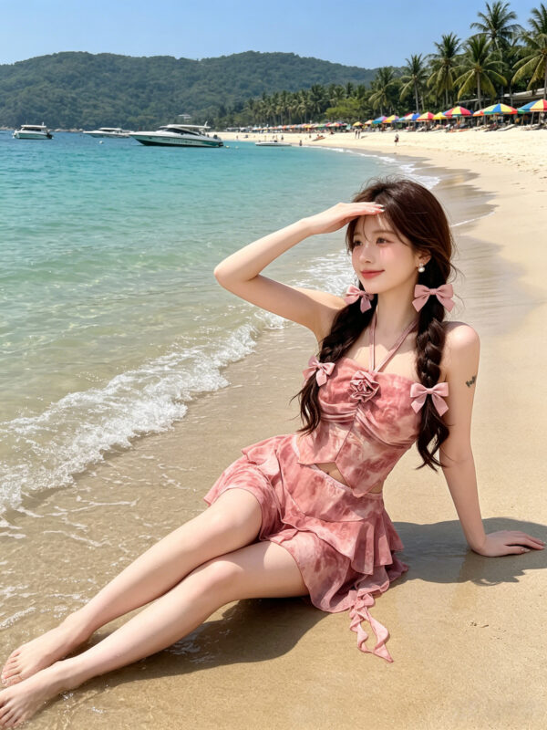 Gathered halter neckline floral split swimsuit