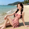 Gathered halter neckline floral split swimsuit